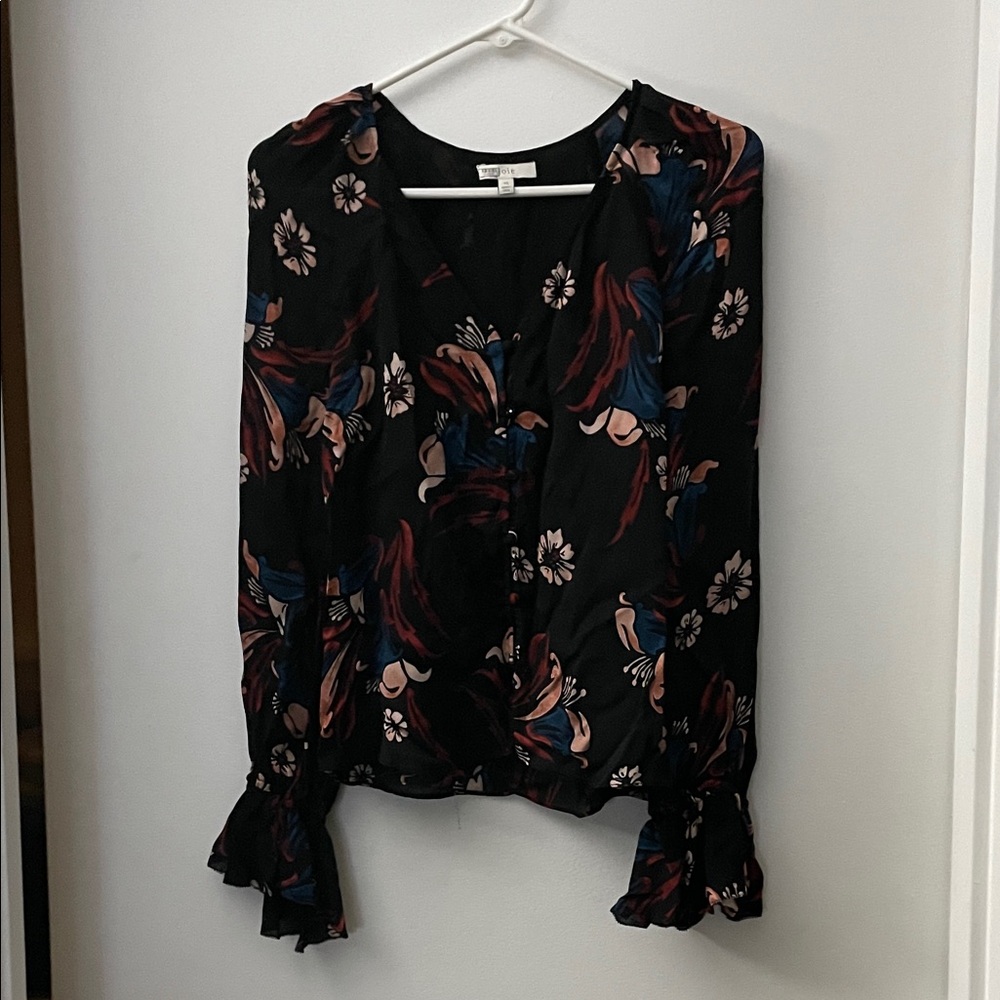 Joie Black Floral Blouse with Pink and Blue Accents